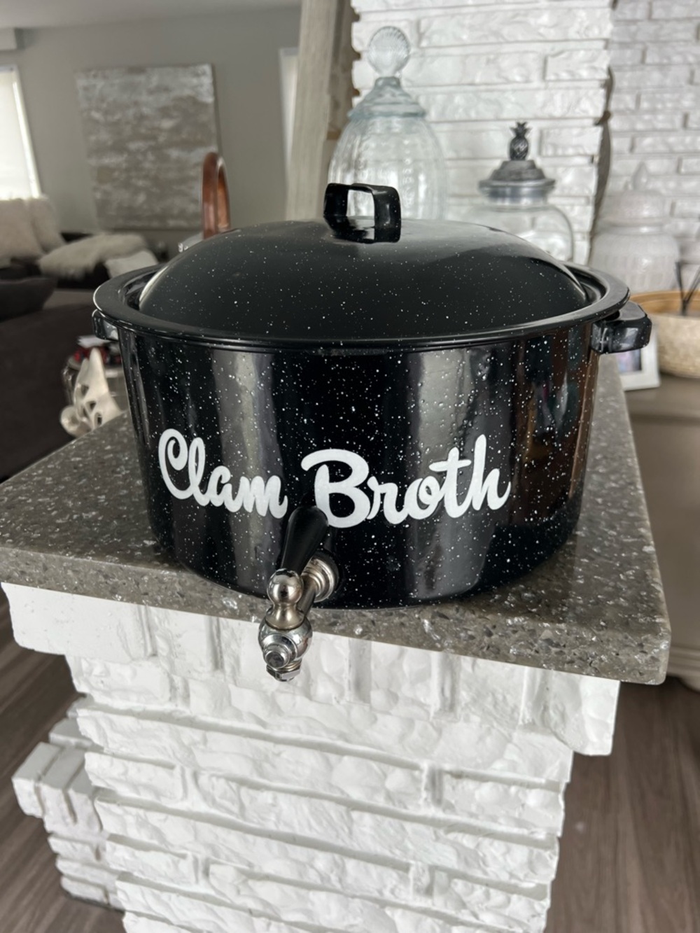 Vintage Speckled Black Enamel Clam Broth Pot with Spigot - Picture 9 of 11